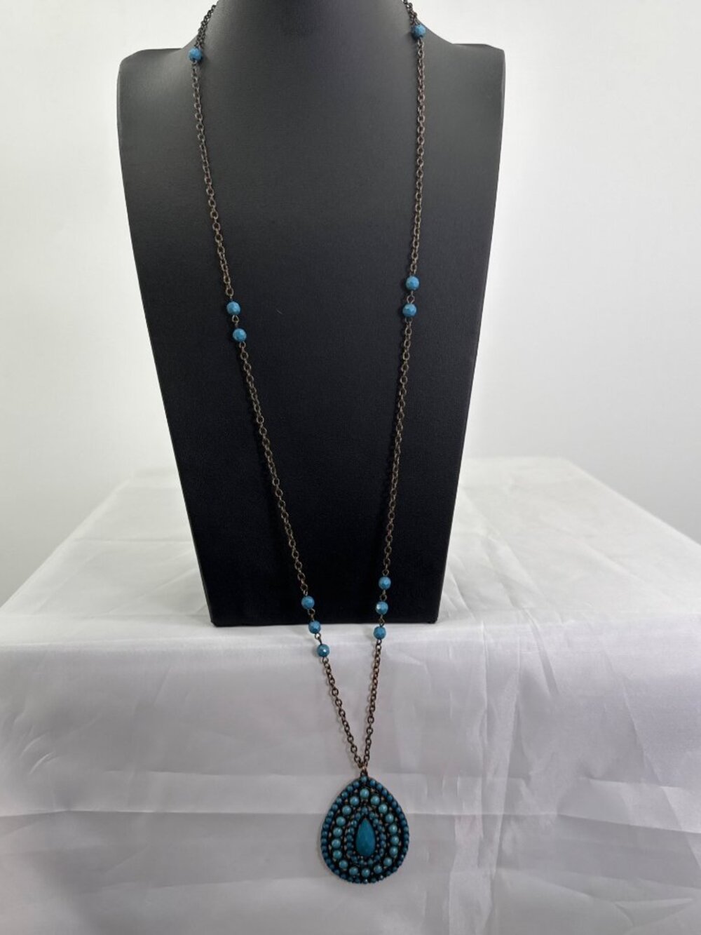 Boho Antiqued Bronze Long Turquoise Teardrop Pendant Necklace Southwestern